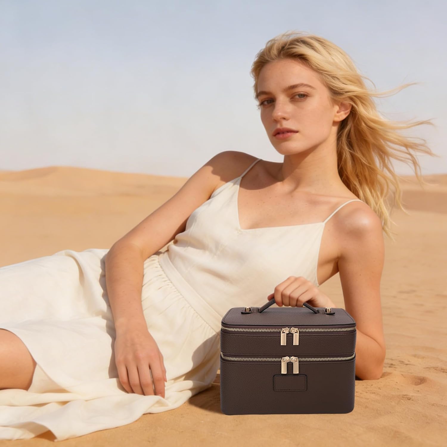 Vanity Maquillage en Cuir Double Couche Femme, Grande Trousse de Maquillage Voyage avec Compartiment Amovible, Trousse de Toilette Imperméable Portable