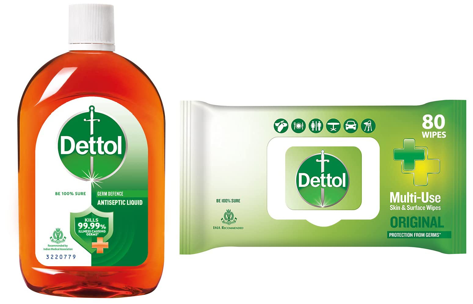 Disinfectant Sanitizer Wet Wipes for Skin & Surfaces, Original – 80 Count & Dettol Antiseptic Liquid for First Aid, Surface Disinfection and Personal Hygiene, 250ml