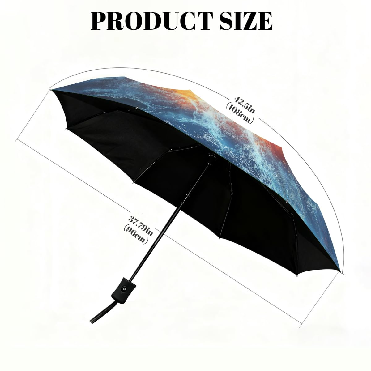 Ombrello pieghevole da calcio astratto acqua fuoco ombrello da viaggio compatto antivento impermeabile con protezione UV rivestimento nero leggero 8 coste portatile per pioggia sole