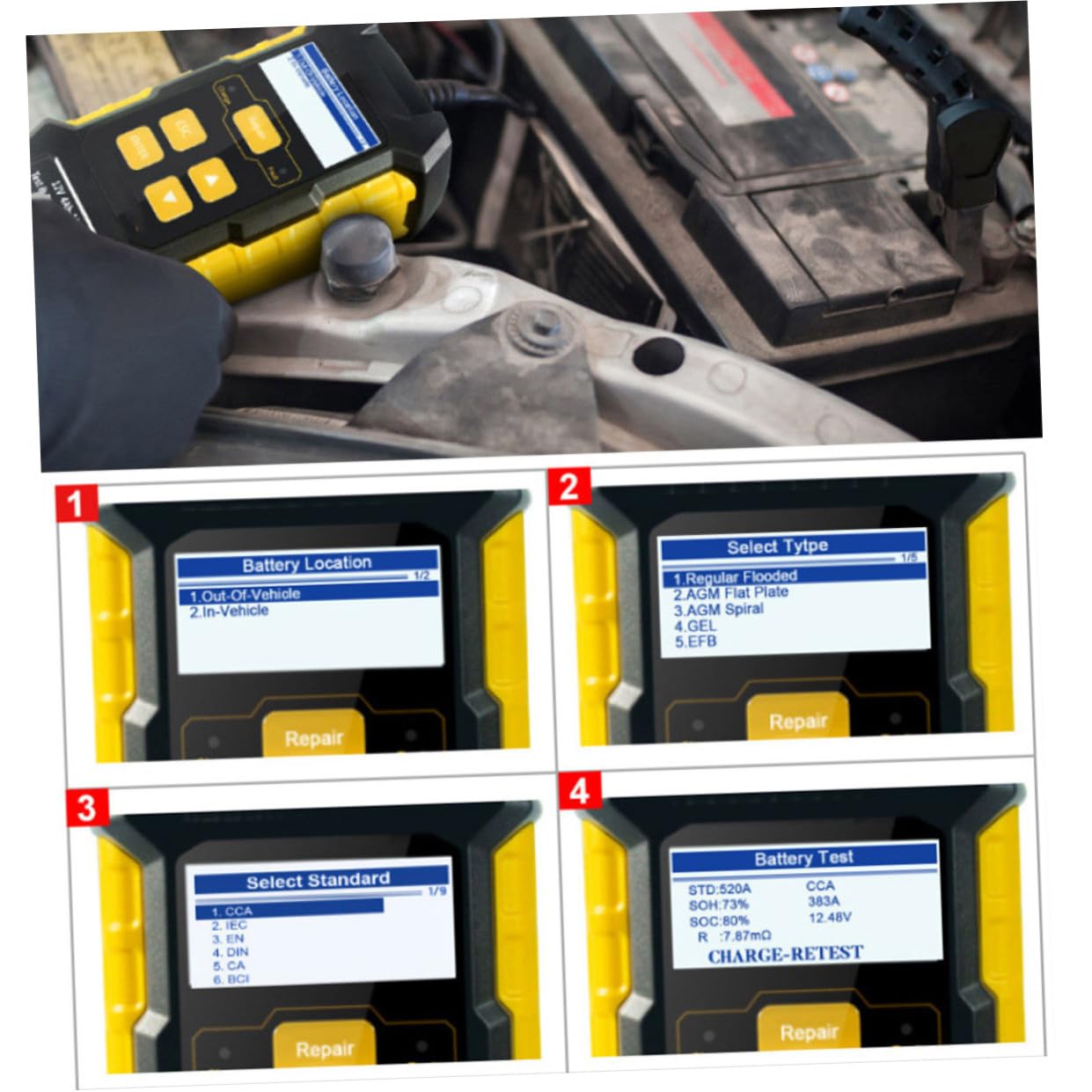 Cabilock Tester Batteria Auto 3 in 1 per Batterie 12v Schermo 2.4 Pollici, Funzione Riparazione e Caricatore in Abs e Rame per Veicoli