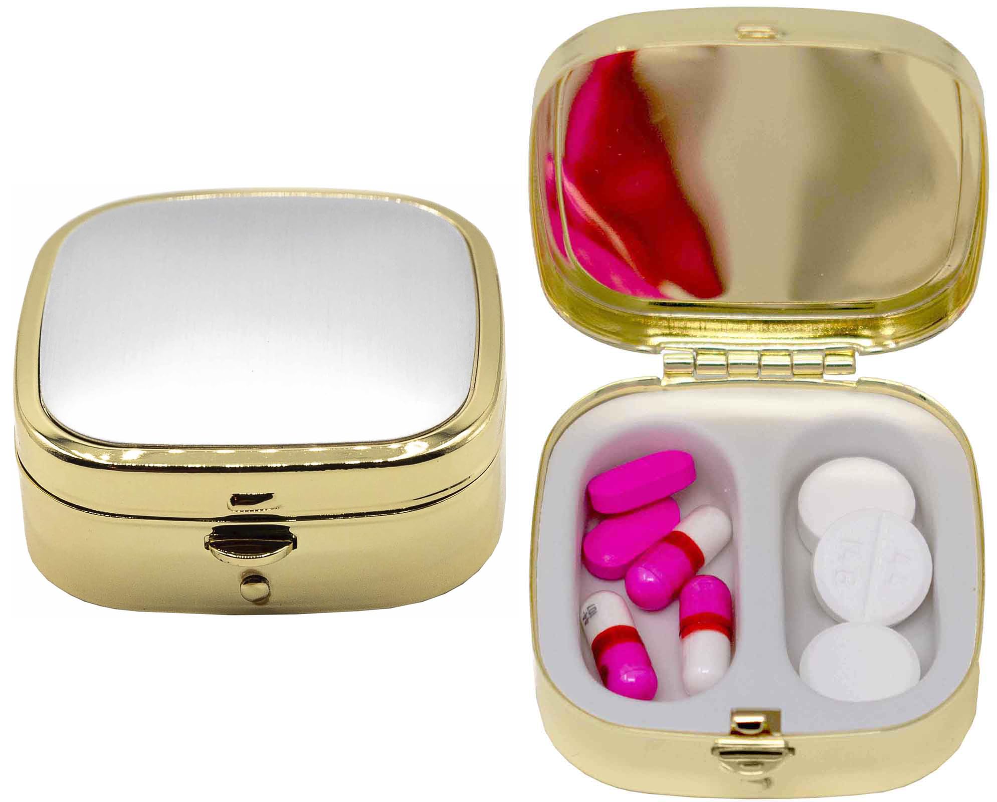 Set of 2 Dual-Compartment Square-Shaped Pocket Purse Pill Box & Organizer (Brushed Silver/Gold)