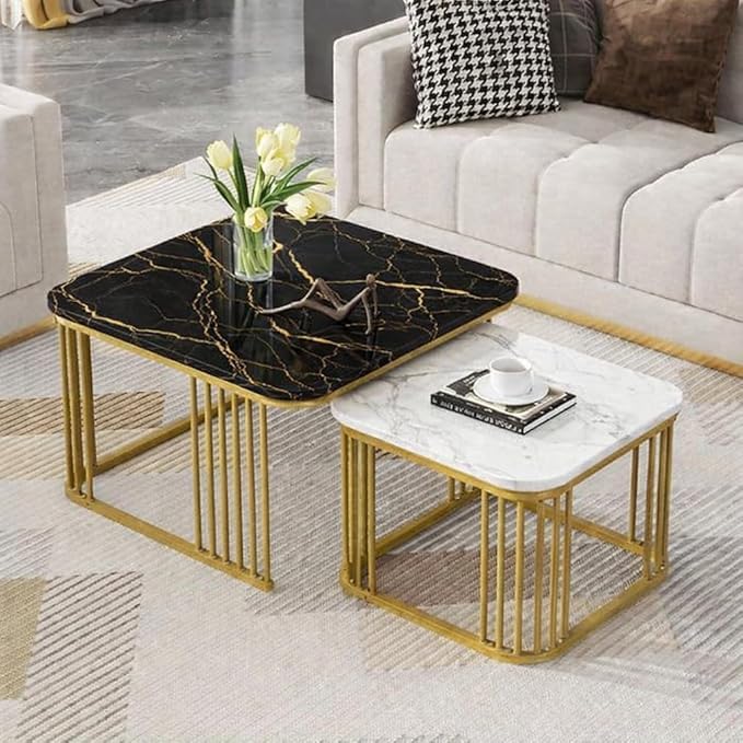 Image of Brown Art SHOPPEE Square Coffee Table Home Decor Furniture Coffee Table Sets,2 Piece MDF Top,Stacking Nesting Table with Iron Frame for Living Room Living Room or Lounge (Gold & Black,White)