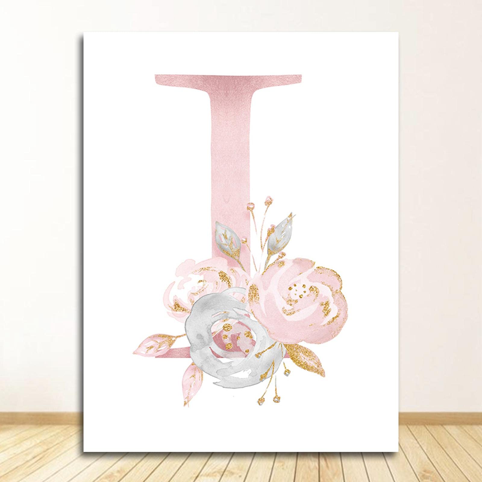 Pink English letter I Posters Canvas Art Baby Name Custom Painting Flowers Pictures Nursery Impresiones personalizadas Girls Room Wall Decor 70x100cm Sin marco