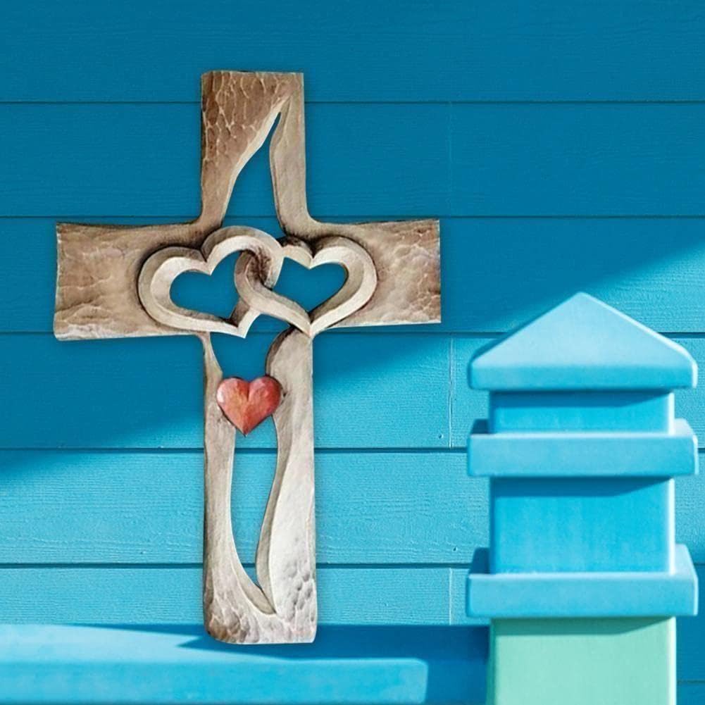 Cruz de madera tallada entrelazada corazones crucifijo ornamento dos corazones colgando mano unión pared miniatura