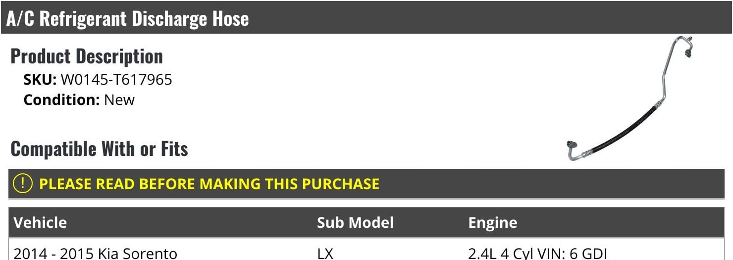 Marketplace Auto Parts A/C Discharge Hose - Compatible with 2014-2015 Kia Sorento LX 2.4L 4-Cylinder VIN 6 GDI