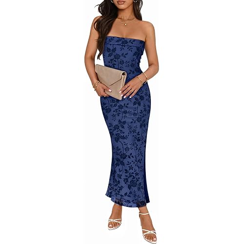 MEROKEETY Women's 2026 Summer Floral Strapless Dress Bodycon Tube Slit Mesh Wedding Guest Cocktail Party Maxi Dresses