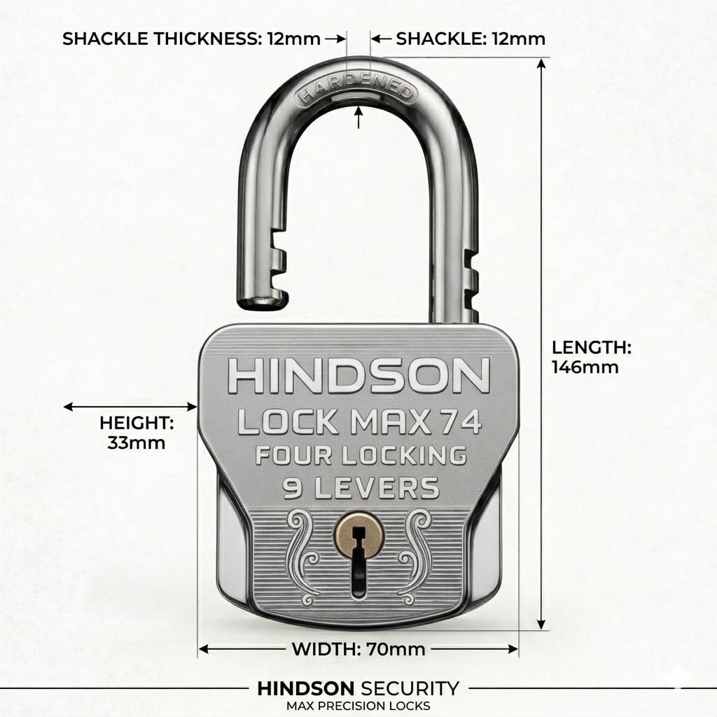 HINDSON 4 Locking Heavy Duty Padlock | Lock MAX 74 | 9 Lever Steel Lock & Key | Chrome Finish Big Size 610g Approx Padlock with 4 Keys for Home, Gate & Shutter Security — Amazon image 7
