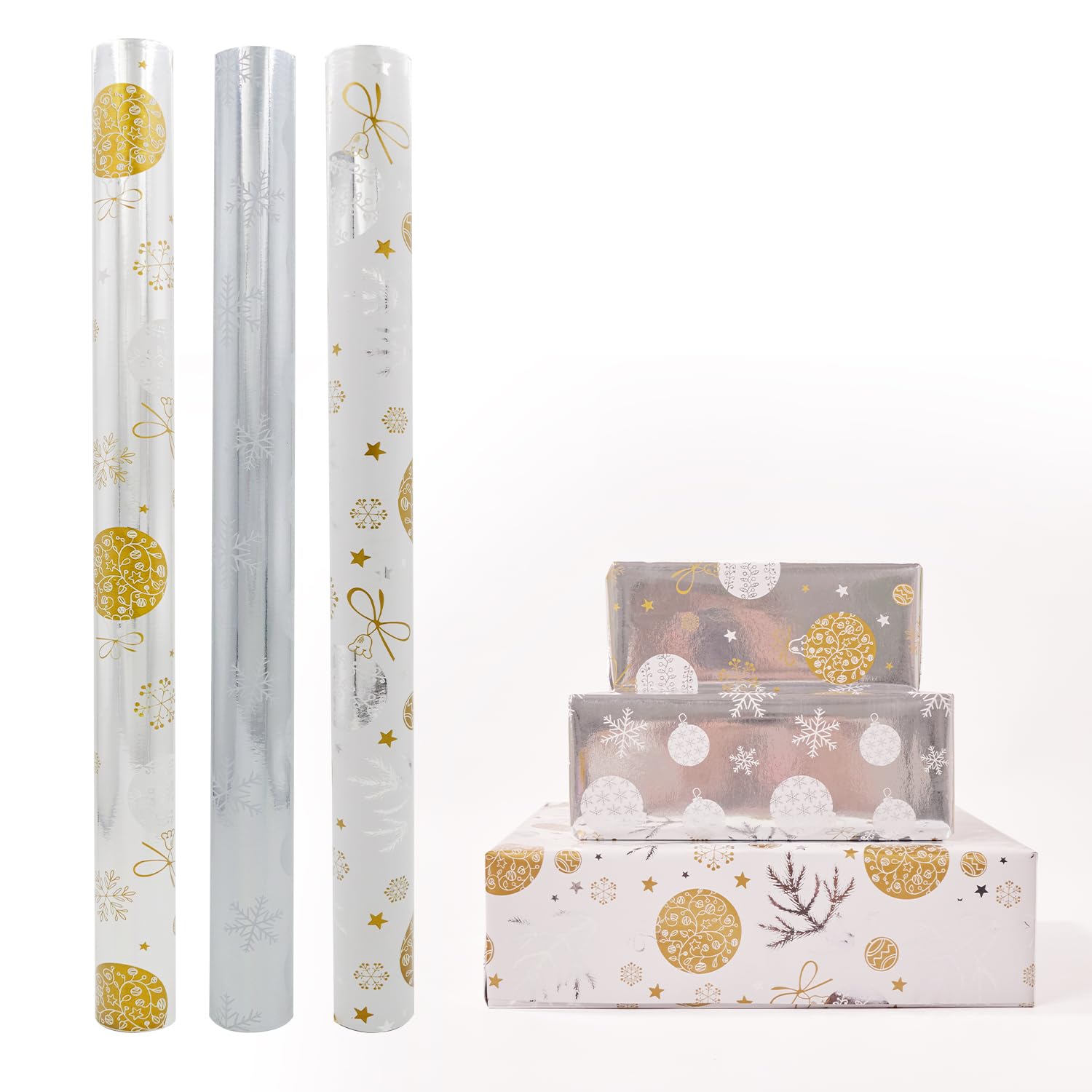 Christmas Wrapping Paper Roll,3 Rolls 43cm x 3m Xmas Gift Wrapping Paper,Metallic Gift Wrap Paper with Snowflake Xmas Tree Pattens for Christmas,Party,Festive Decorations (Silver Gold) — image 1