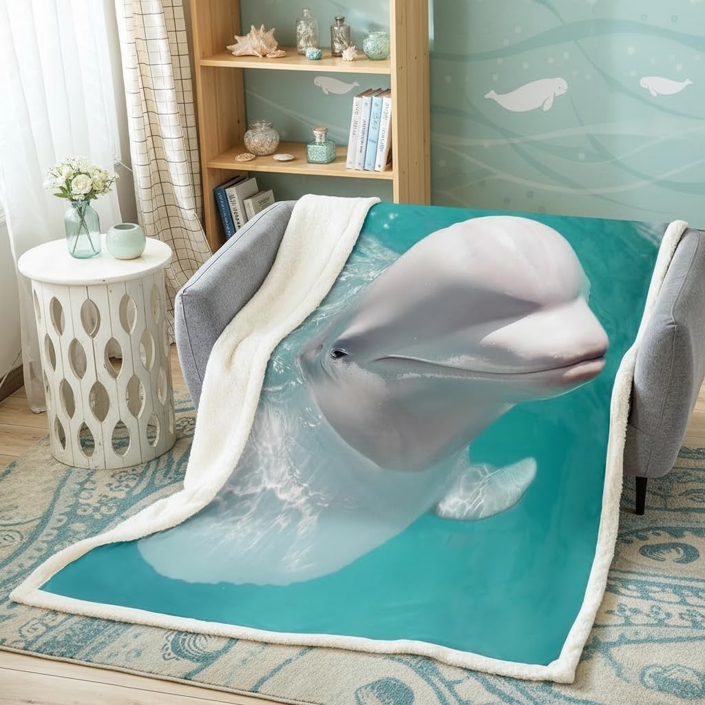 Beluga koc polarowy ze wzorem wieloryba, rozmiar bliźniaków, niebieska woda, nadruk na łóżko, dekoracja domu do biura