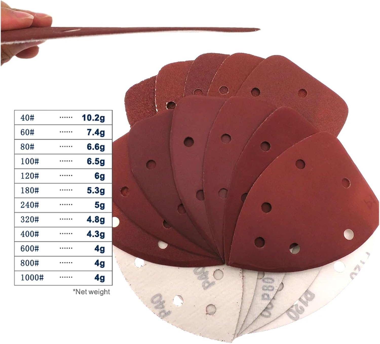 Sanding Pads, 10pcs 140 * 90 Self-Adhesive 6 Holes Sanding Paper Triangle Sandpaper with Hook Loop Sanding Disc Abrasive Tools Polishing for Wood Furniture(100)