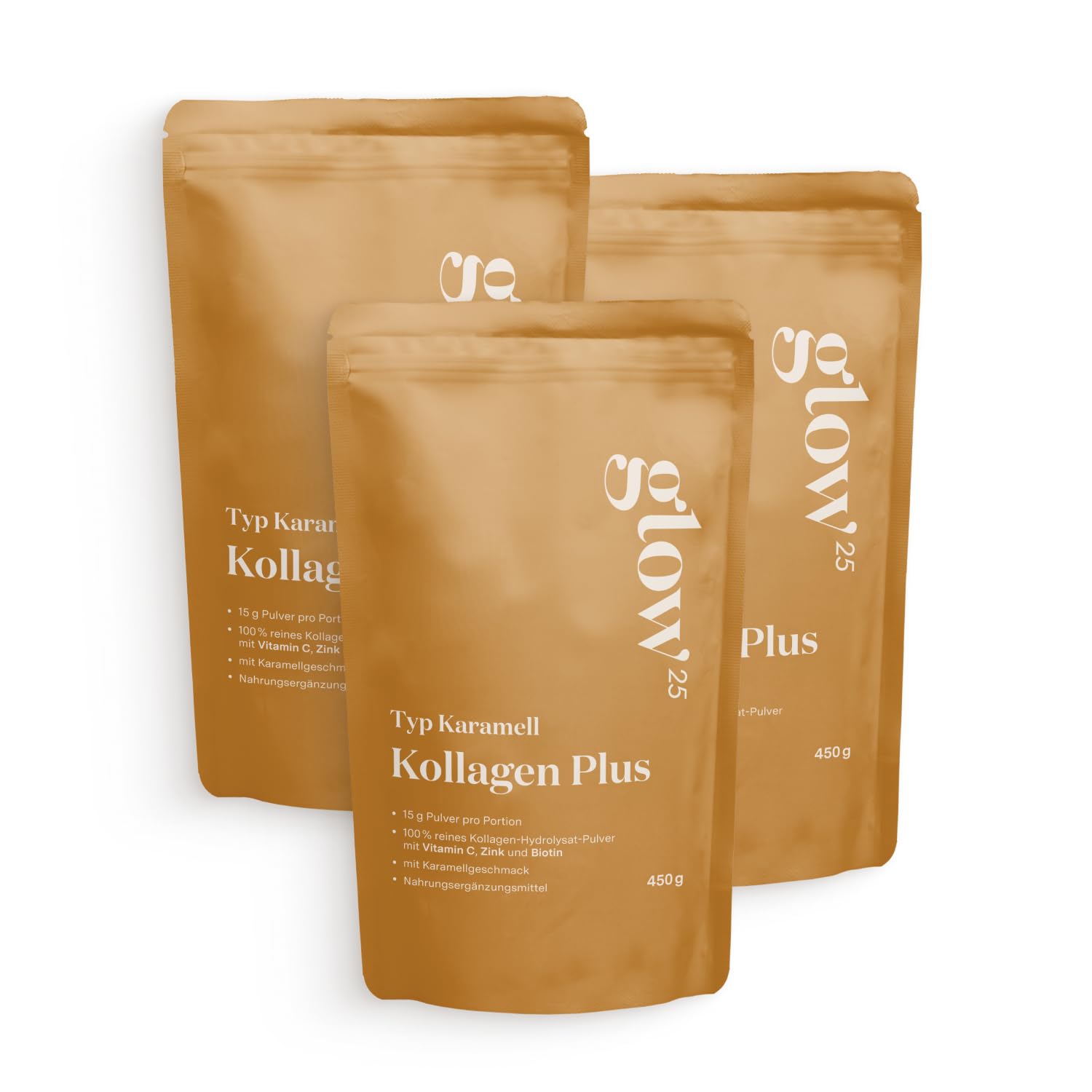 Glow25® Collagen Plus Typ Karamell [3x450g] – Kollagen Hydrolysat mit Vitamin C, Zink und Biotin – Peptide Typ 1 und 3 – Gute Löslichkeit