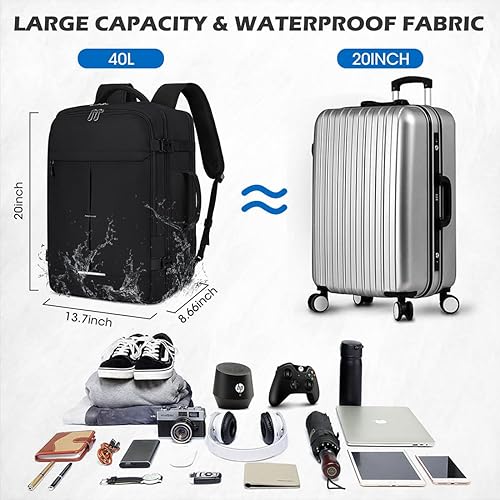 Miniatura 3 de NEWHEY Mochila de viaje para hombres y mujeres, 40L, mochila impermeable para laptop de 17 pulgadas, Negro (solo mochila), Viajes