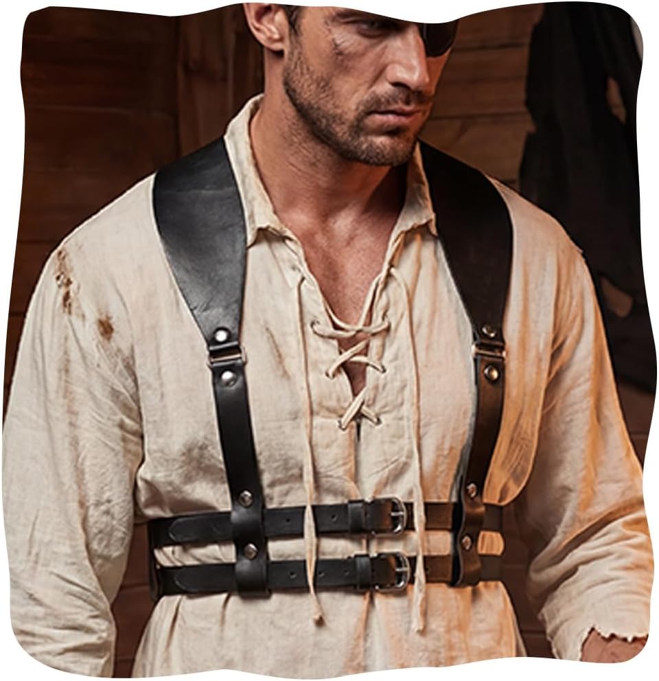 Black Leather Harness Men, Adjustable Shoulder Belt, Fashion Punk Suspenders for Costume Festivals Clubwear