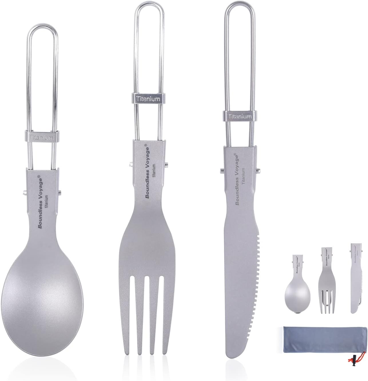 Navaris Titanium Folding Utensil Set Fork Knife Spoon Foldable Metal Silverware