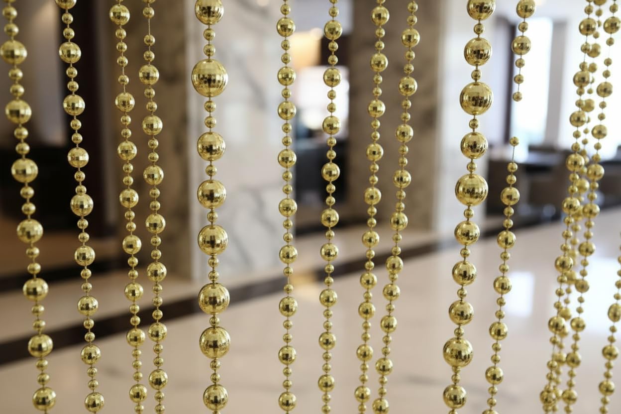 Gold Beaded String Curtain, Decorative Door Divider with Metallic Ball Chain Design-image-22