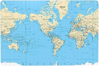 この8×12インチのキャンバス装飾画は、耐久性のあるブリキ製で、簡単に掛けられ、お手入れも簡単です。ご自宅のインテリアやギフトに最適です。(青いアメリカを中心とした世界地図、非常に精巧な黄色の実寸大)