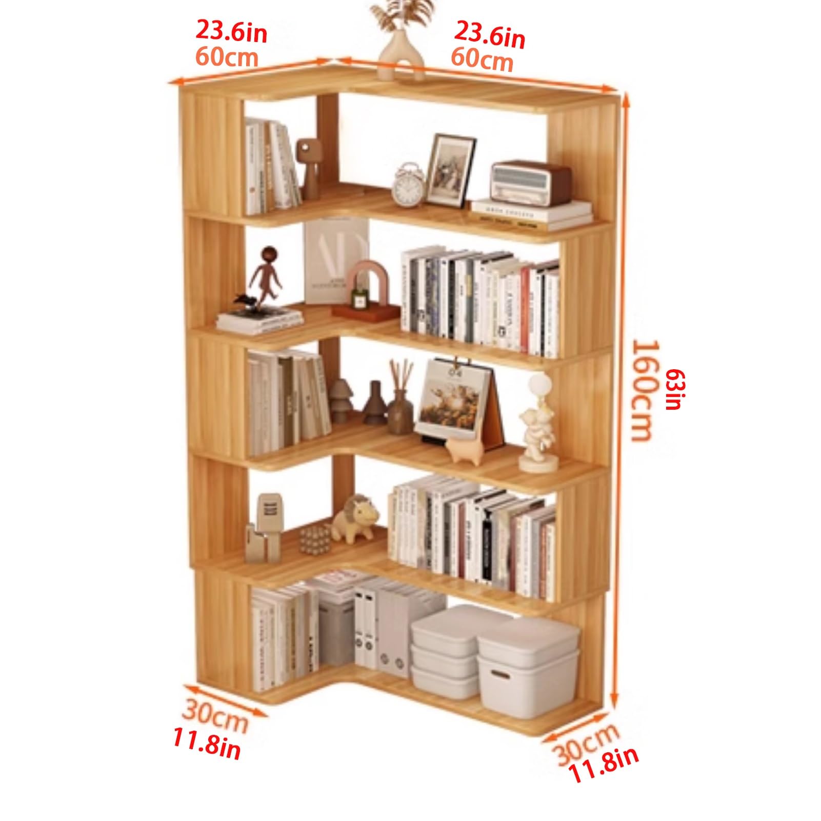 Libreria angolare a forma di L, mensola angolare per soggiorno, con ripiani e design con retro aperto, per ufficio, cucina, camera da letto (bianco, 160 cm)