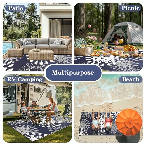 Image of Wallona Outdoor Rug 8x10 ft, Flower Blue & White | Waterproof Reversible Patio Carpet for RV, Outside Camping, Deck, Porch, Balcony, Beach