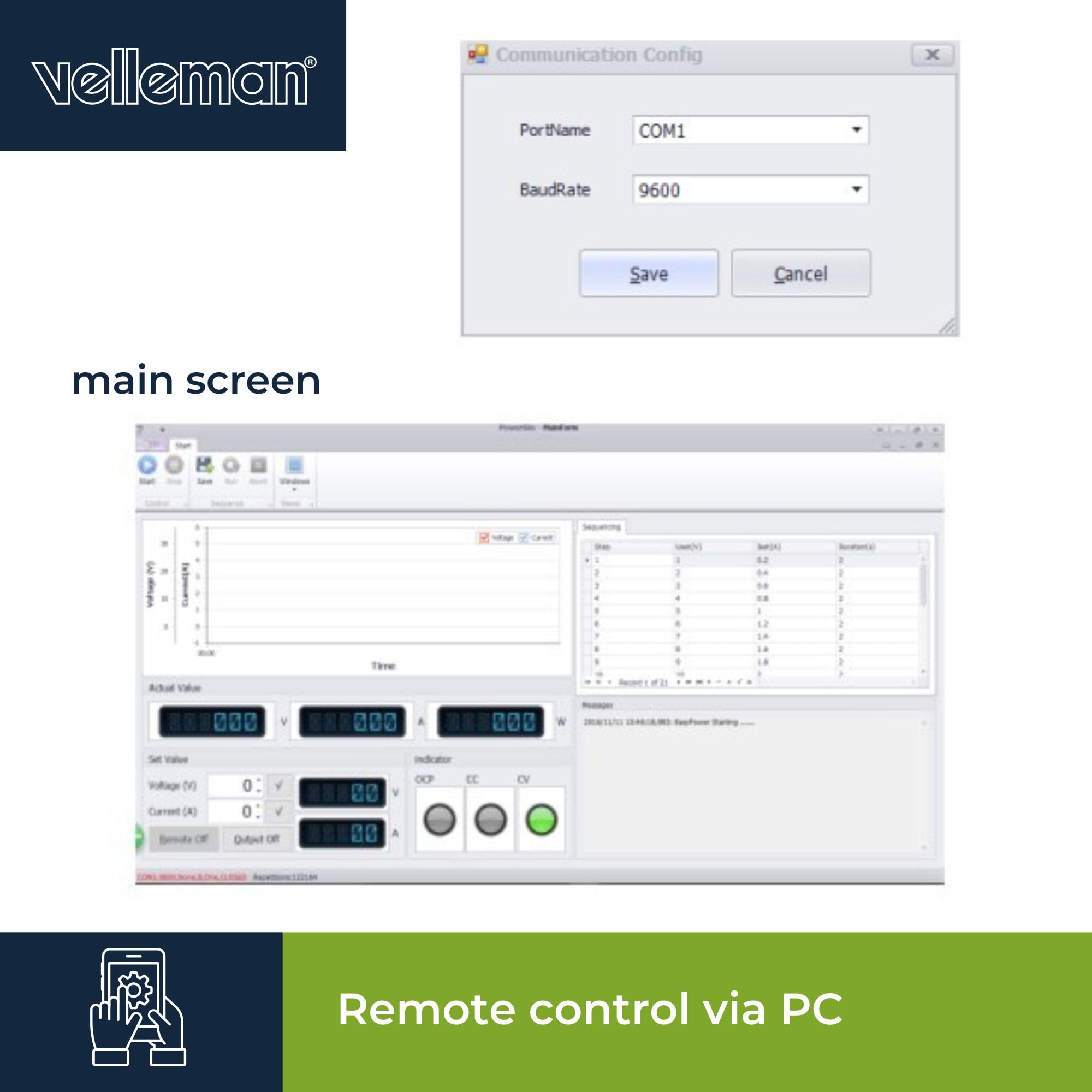 Velleman Alimentatore Lab, programmabile, regolabile, 0-30 VDC/0-5 A, limite di corrente, protezione da cortocircuito, display LCD, connessione USB, grigio