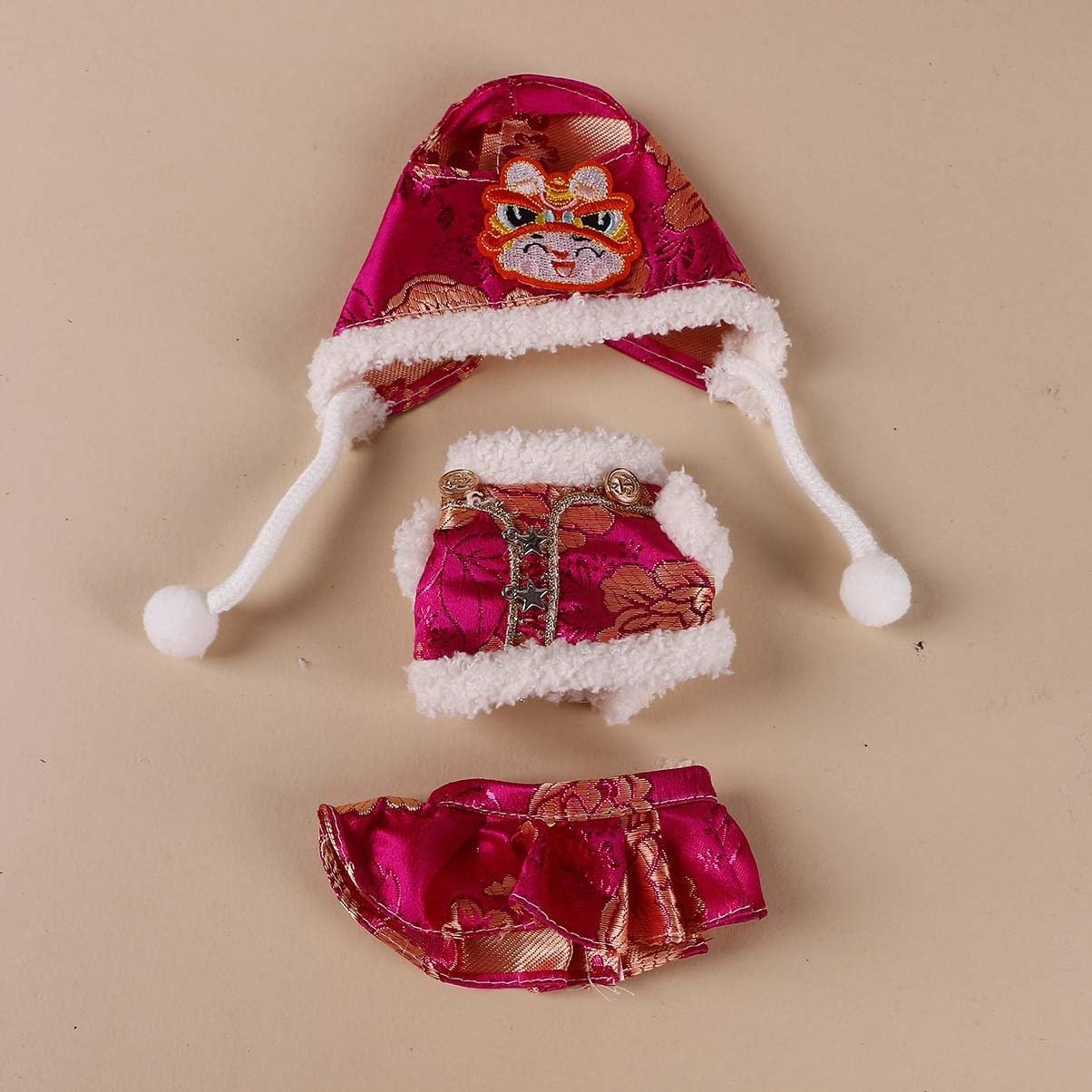 Compatible with Labubu (NO Doll) - Fuchsia Chinese New Year Brocade Set (Tiger-Embroidered Hat + Jacket + Skirt), 15cm/17cm Doll Clothing (Red)