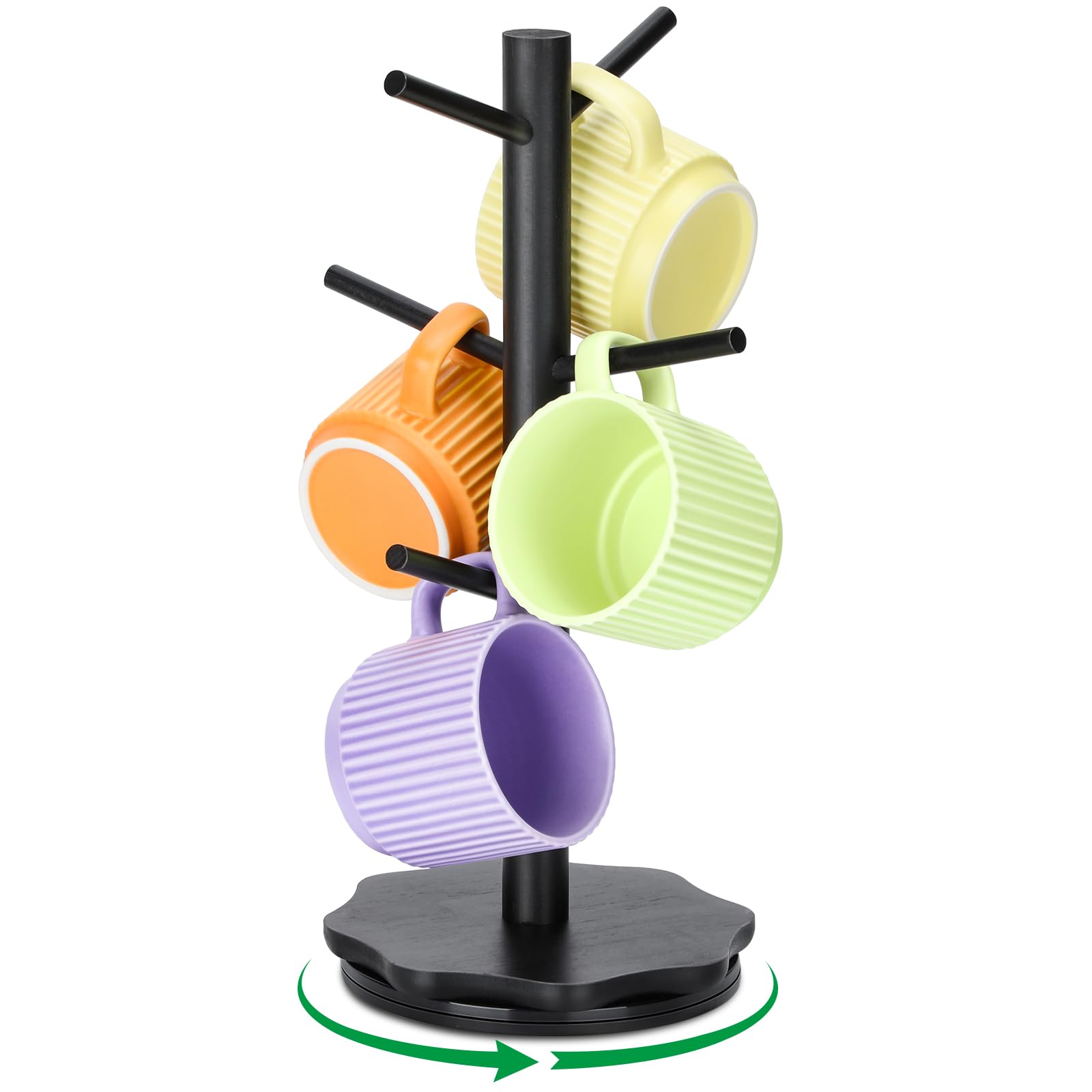 Euqvunn 360° Rotating Black Mug Tree, Kitchen Countertops Coffee Cup Holder, Sturdy Petal Wooden Base Cup Holder, Mug Holders for Kitchen Coffee Bar, Storage Rack with 6 Hooks - Black