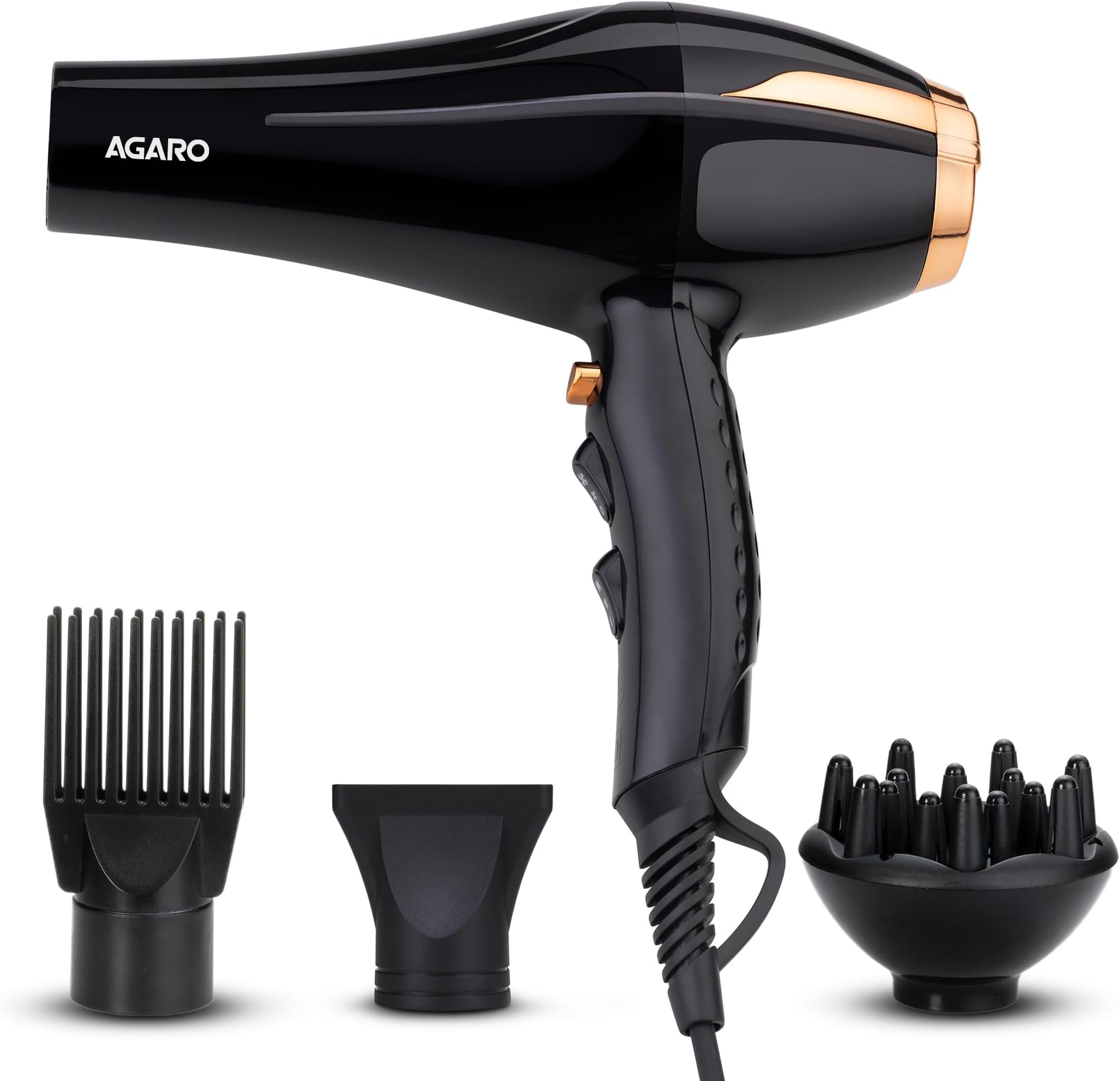 AGARO HD-1130 2000 Watts Professional Hair Dryer with AC Copper Motor, Concentrator, Diffuser, Comb, Hot & Cold Air, 2 Speed 3 Temperature Settings with Cool Shot, For both Men & Women, Black