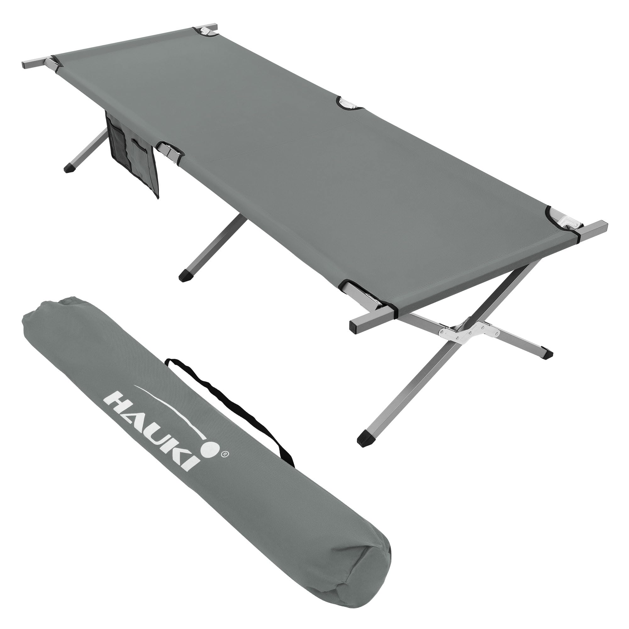 Lit de camping pliable et chaise longue de jardin grise pour vos week-ends nature
