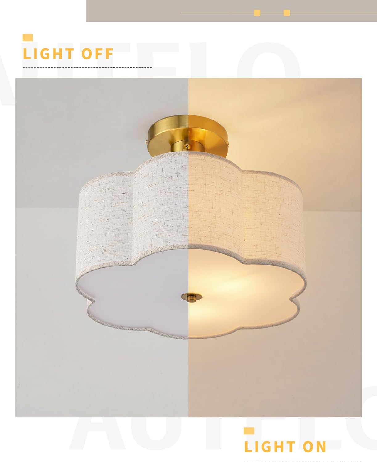 AUTELO 3-Light Semi Flush Mount Ceiling Light, Brushed Gold 12.6 Inch Modern Ceiling Light with Flower-Shaped White Fabric, Farmhouse Ceiling Light for Bedroom Hallway, C2507 BGS-6