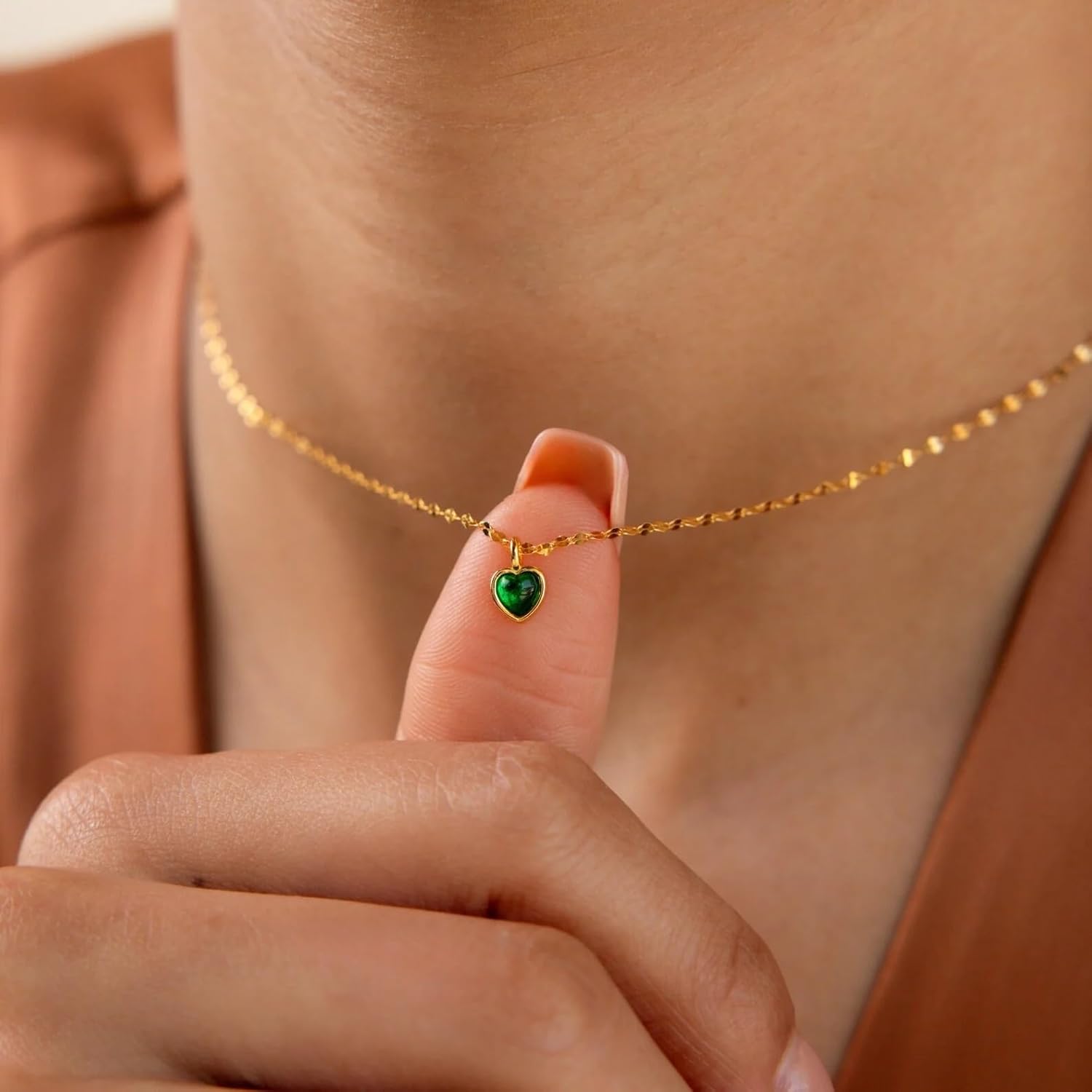 CAITLYNMINIMALIST 18K Gold Sterling Silver Small Heart Gemstone Pendant Necklace for Women Gift for Her