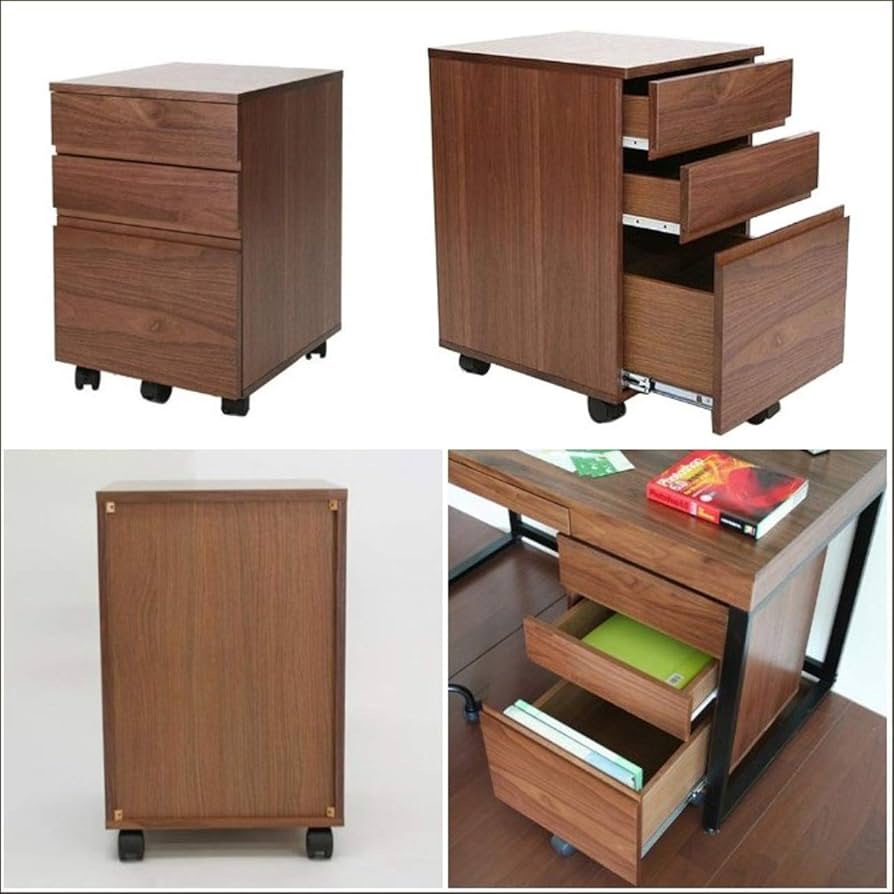 ウォールナット調シンプルデスク 3段引き出し付き 引き出し 付き