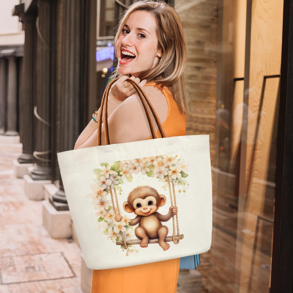 cute tote bags for travel Monkey Gifts Canvas Bag Women, Tote Reusable Grocery Shoulder Bag for Shopping Work Travel, Motivational Gifts for Halloween Christmas Beach Bags for Monkey Lovers Friends -46 Type:Handbags & Wallets Mini Split Installation Tool toned floral pattern that CHOOSE COLOR:Natural Green