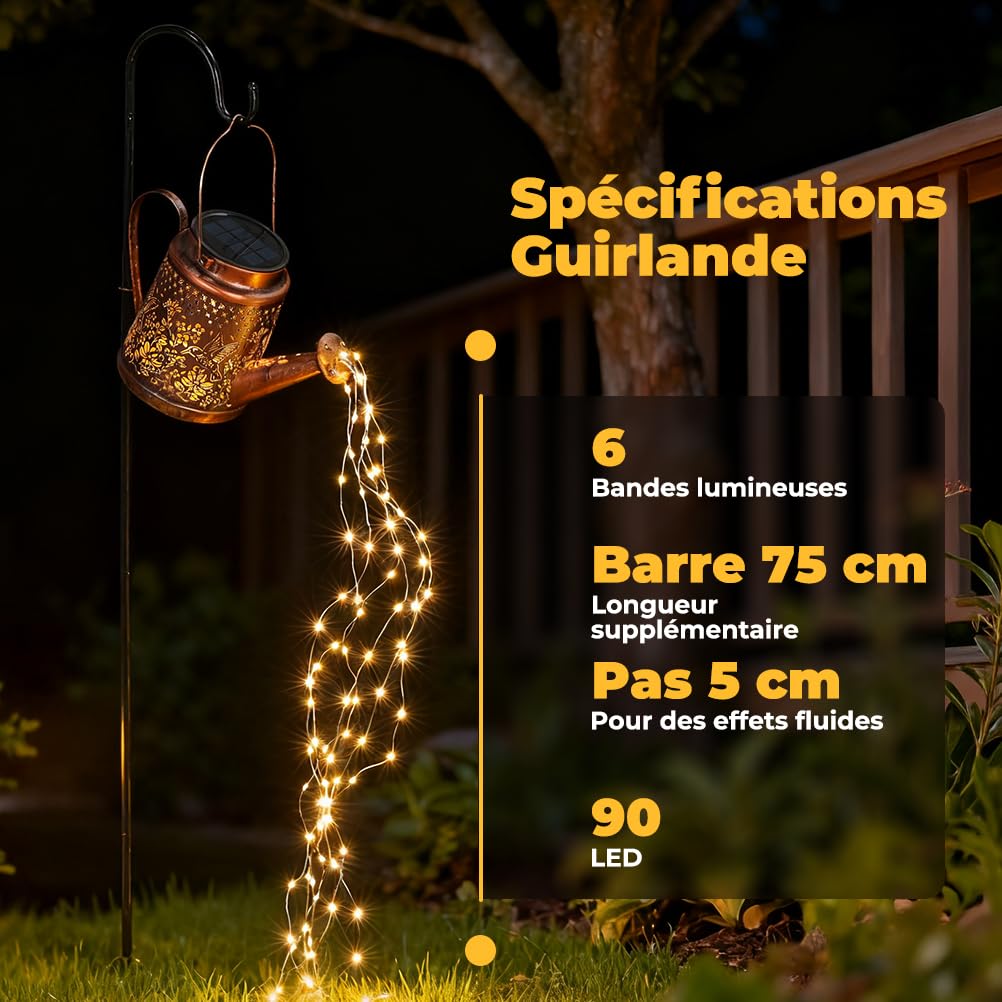 OUSFOT Lampe Solaire Jardin Exterieur Arrosoir Comprenant 6 Guirlande Lumineuse Cascade avec 90 LED, Motifs Colibris et Floraux, Lanterne Lumiere Solaire IP44 Étanche, Decoration Cour Halloween Noël