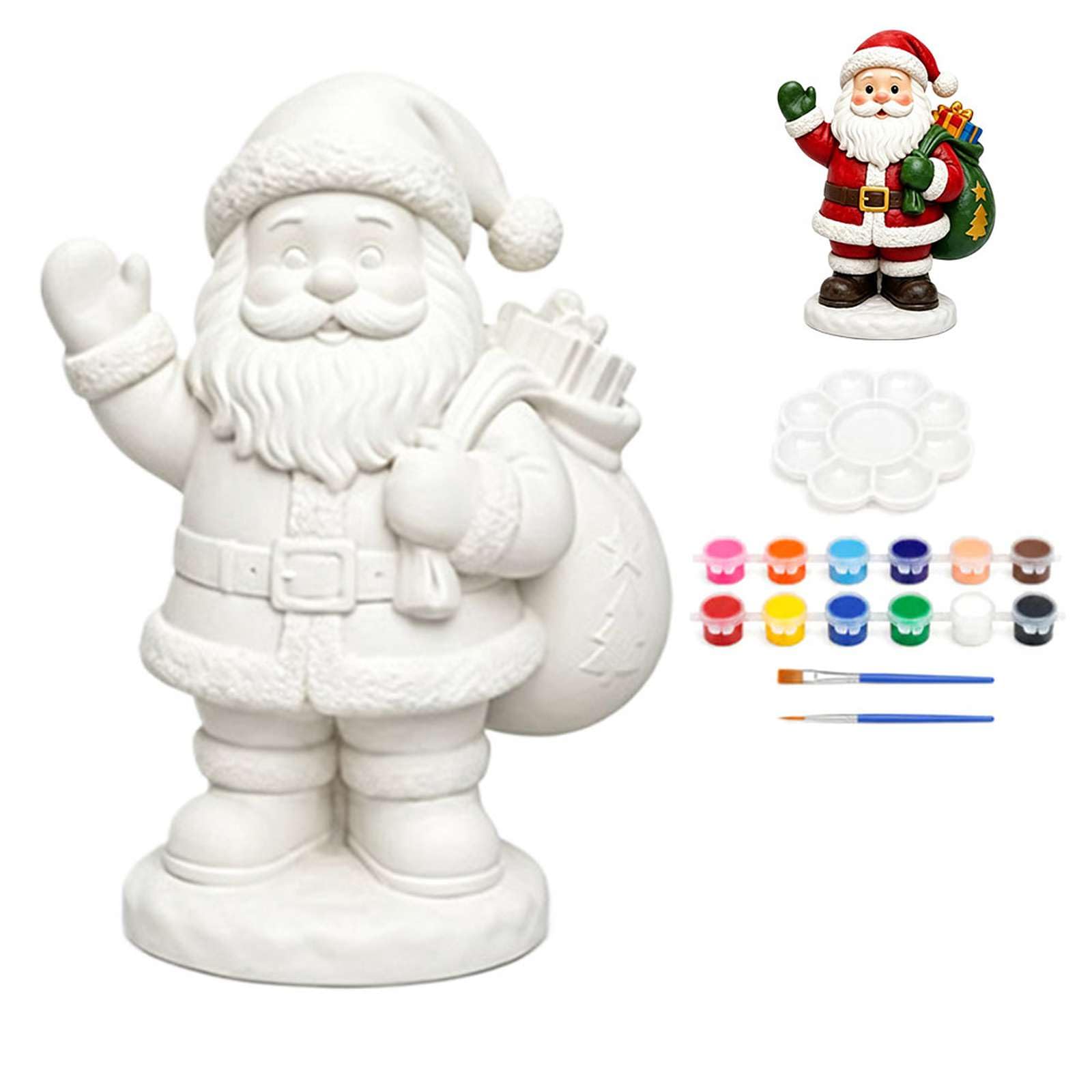 8.6in Christmas Ceramic Ornaments DIY Crafts,Unpainted Ceramic Set, Santa Snowman Tree Designs, Paints Brushes Palette, Ideal Gift for Holiday DIY Projects Adults