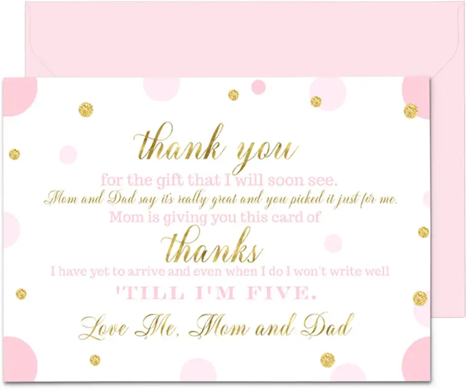 Pink and Gold Baby Shower Thank You Cards with Envelopes - Blank Notes with Prefilled Message for Girls - Personalize Cute Princess Twinkle Star Notecards - 4x6 Stationery Set, 15 Pack