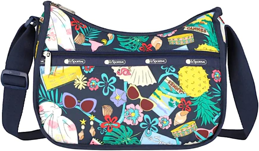 LeSportsac Summertime Things Classic Hobo Crossbody Bag + Cosmetic Bag, Style 7520/Color E624, Whimsical Summertime Motifs: Seashells, Beaches, Flamingos, Sunglasses, Cocktails, Pineapples & more