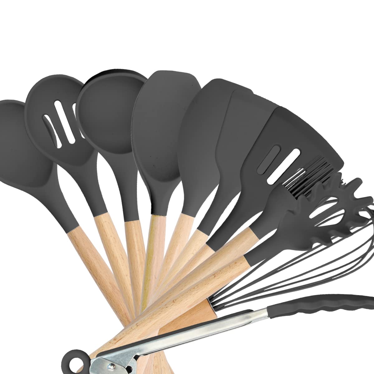 Ecowood 11-Piece Kitchen Set: Essential Cooking Utensils Made from Bamboo Wood with Silicone Tips - Lightweight and Durable Kitchen Tools, Complete with Gray Organizer Cup