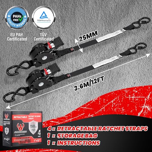 Image of Retractable Ratchet Straps 4 Pack, 1500LBS Break Strength Self Retracting Tie Down Straps, 1 inch x 12' Auto Ratchet Straps for Motorcycle, Kayak and Trucks, Black