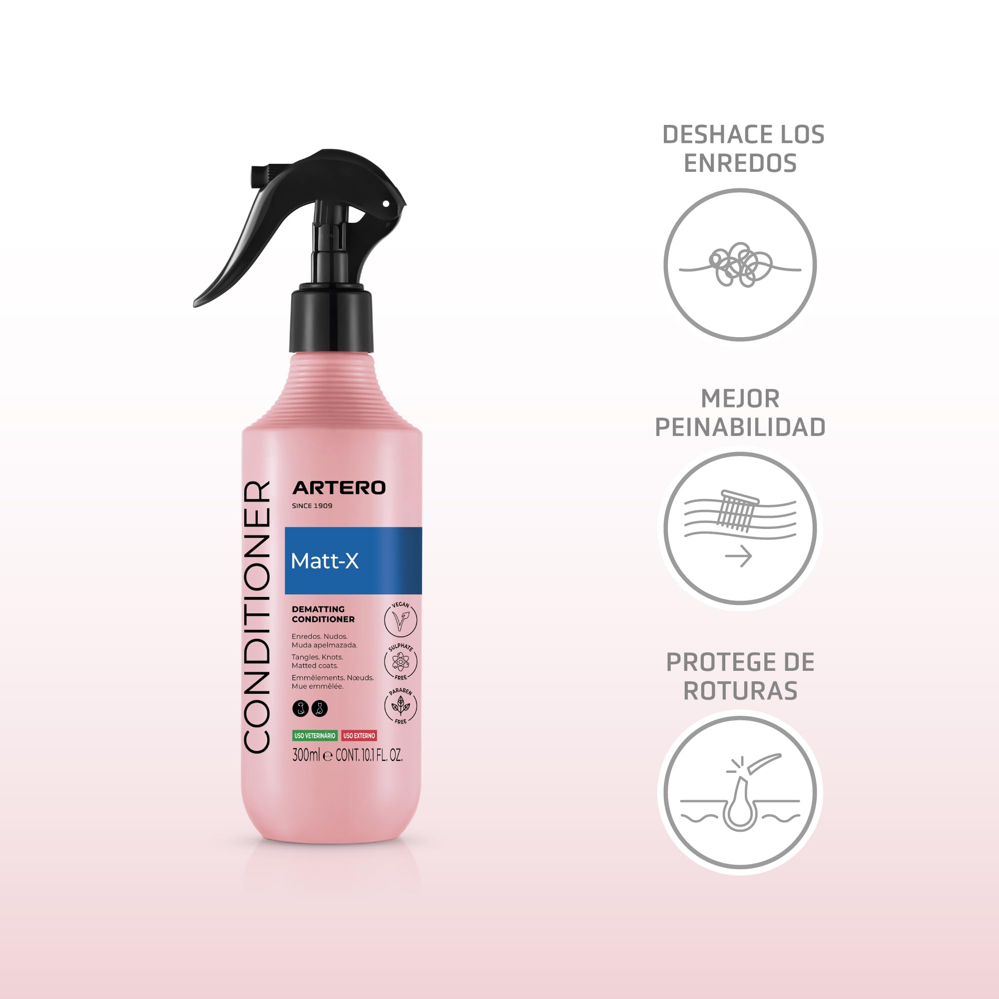 Artero Matt-X. Acondicionador Desenredante para Perros y Gatos – Spray Profesional Antinudos – Suaviza, Acondiciona y Elimina la Estática – Pelo Suave y Brillante – 300ml