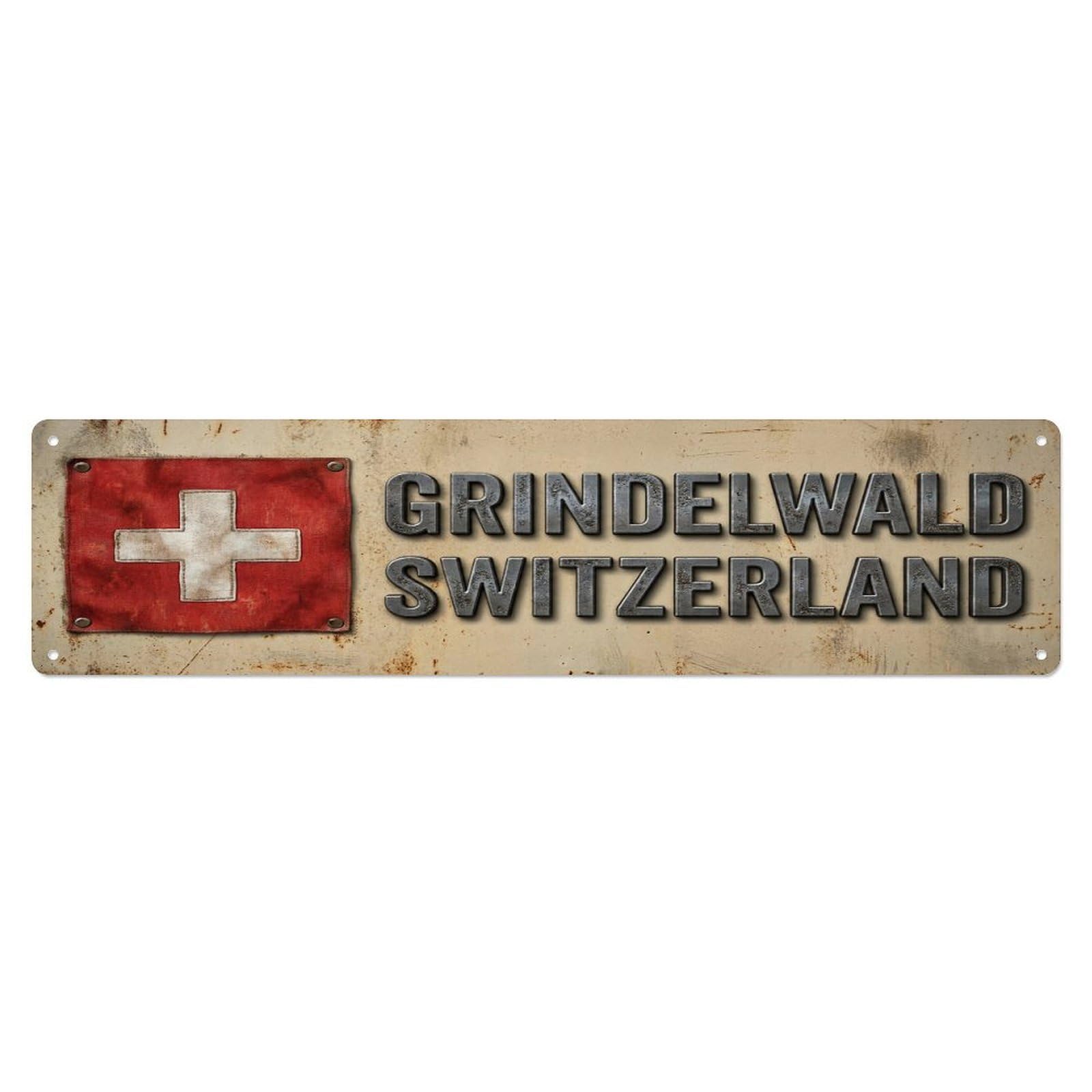 Vintage Grindelwald Switzerland Flag Decor Rustic Travel Metal Tin Sign
