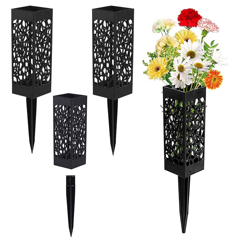 Axroad Mall Black Grave Flower Holders, Cemetery Vases With Spikes For Fresh/Artificial Flowers, Grave Decorations Plastic Rectangle Vases For Gravestone Grave Outdoor Ground Flower Markers (4 Pack)