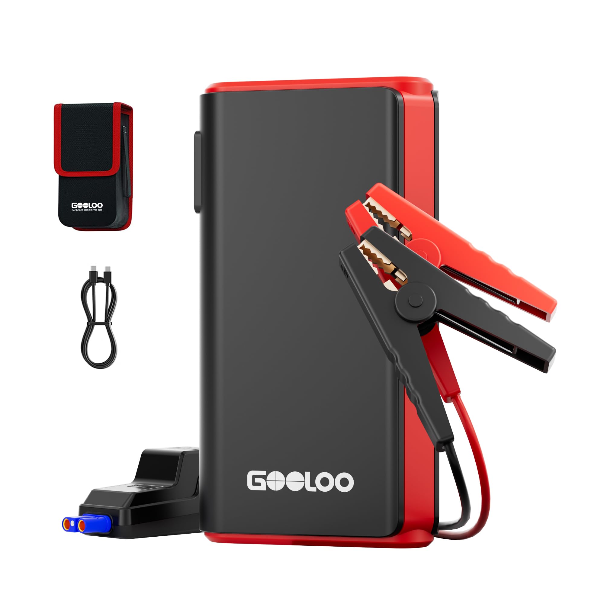 GOOLOO GE2000 - Arrancador de salto de 2000 A (hasta 8 L de gas/6 L diésel) con carga rápida USB-A, luz de emergencia LED y abrazaderas de metal inteligentes, paquete de refuerzo de batería portátil