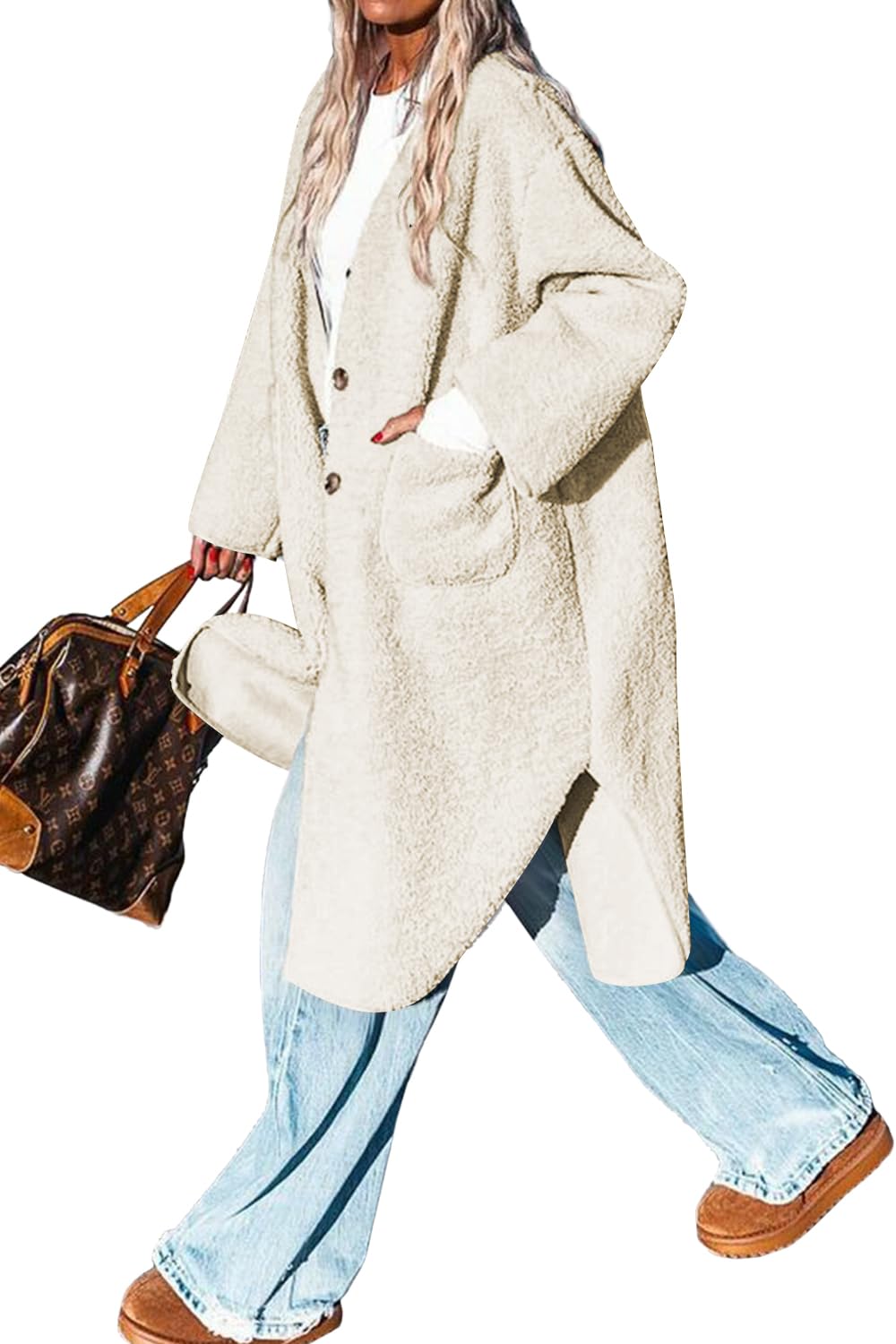 AoangWomen 2025 Winter Faux Fur Coats Fuzzy Fleece Open Front Outerwear Button Down Sherpa Long Jackets