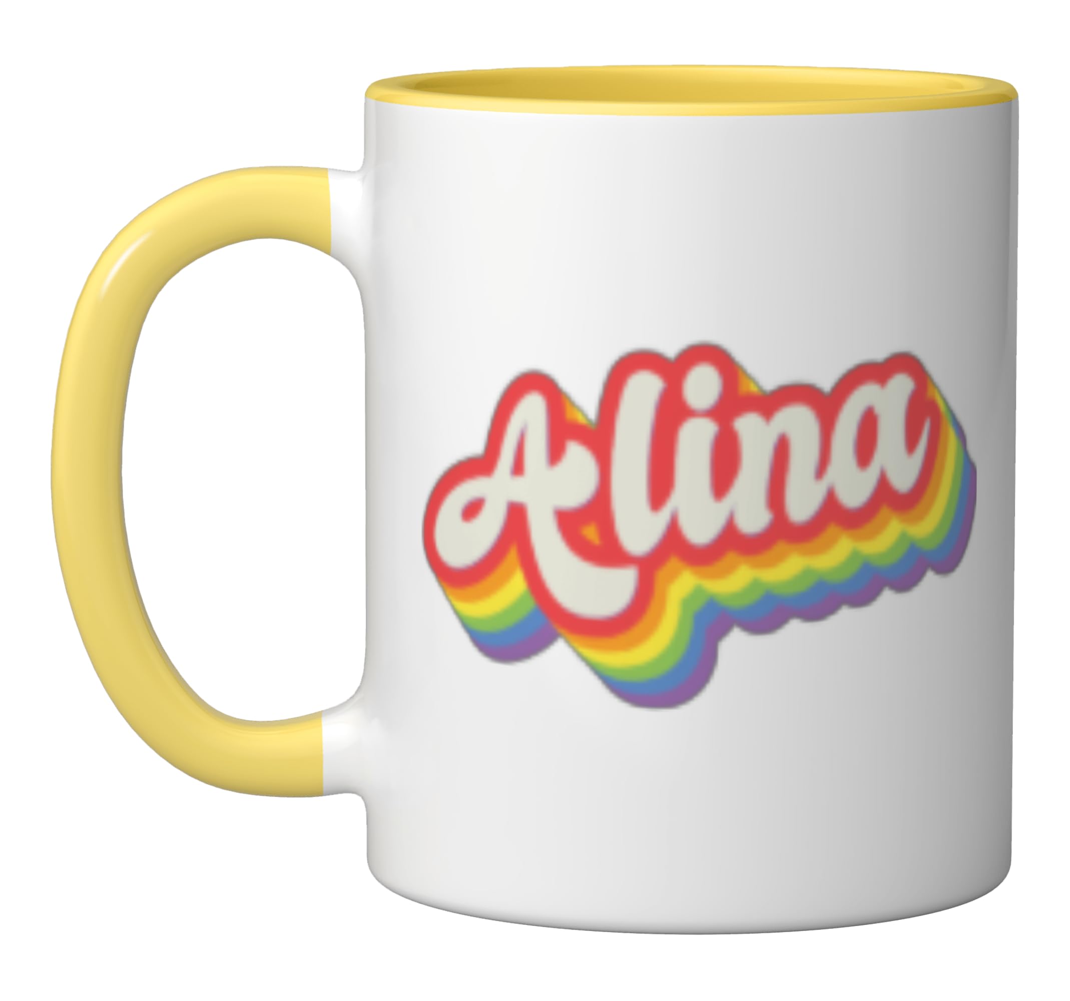 Alina Pride Month LGBTQ Rainbow Flag Name Personalised Ceramic Mug, Yellow/White
