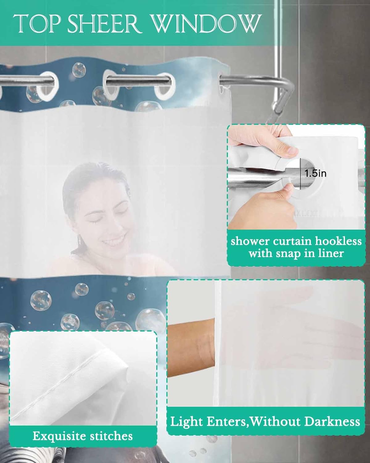 No Hook Shower Curtain with Snap in Fabric Liner Set Elephant Dreamy Bubble Shower Curtain for Bathroom Sky Cloud Bath Curtain Waterproof Inner Liner with See Through Top Window for Spa Hotel 60x72