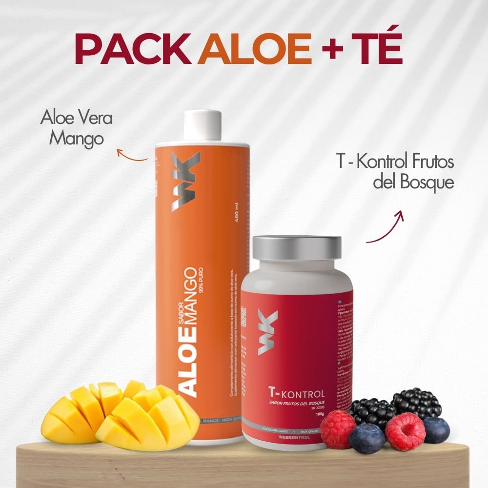 Weekontrol Pack Depurativo de Aloe Vera Puro para Beber 99%+Té Quemagrasas Potente. Set Depurativo Alóe+Te Detox, Limpieza, Digestión y Control de Peso (700Gr, Aloe Mango-Té Frutos del Bosque)