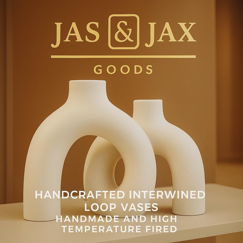 Cream White Decorative Vase Set - Modern Hug Donut Ceramic Vases by JAS & JAX GOODS, Minimalist Boho Style Centerpiece for Console Table, Living Room, Bookshelf, or Fireplace Mantel