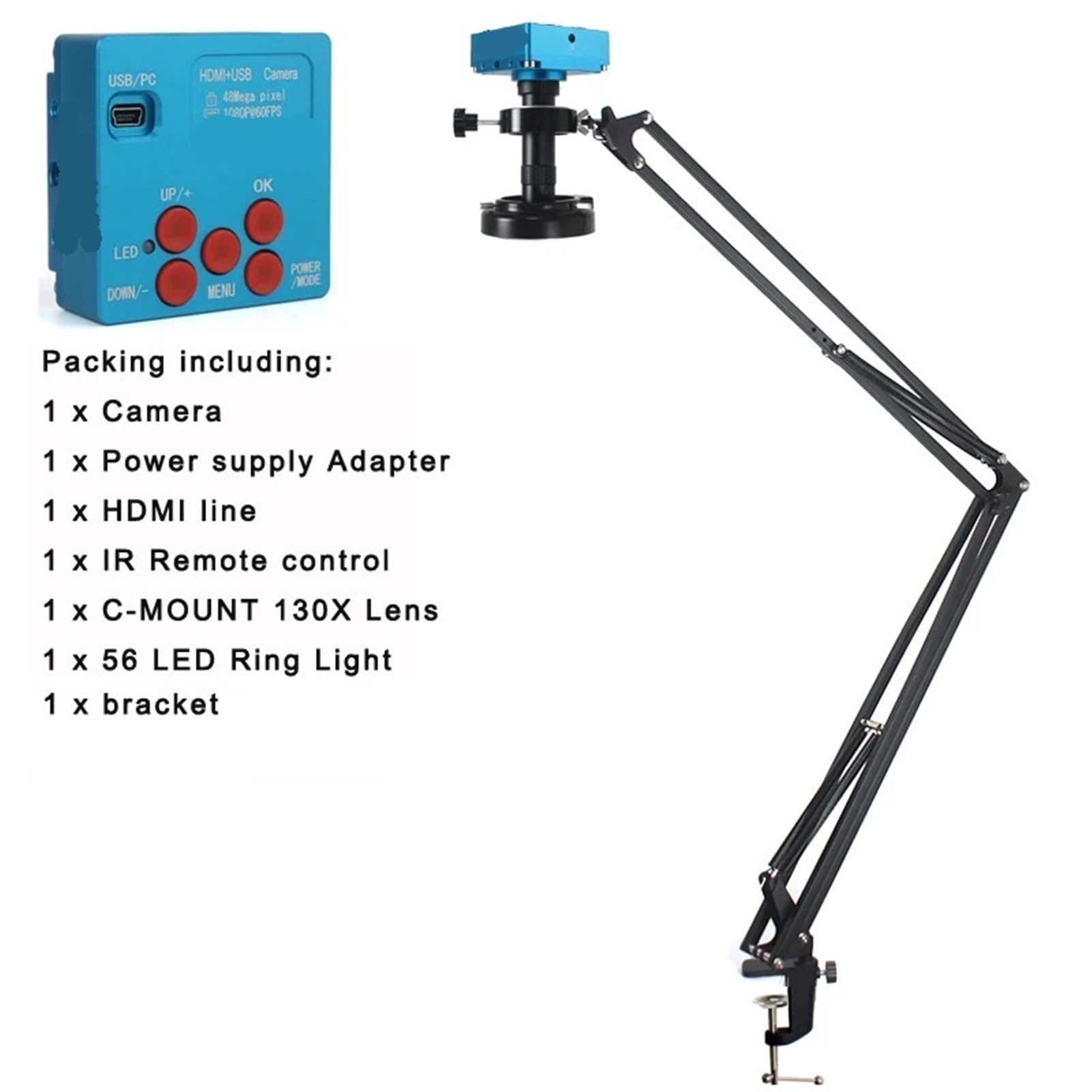 Videocamera per Microscopio Industriale da 48 MP 4K Hdmi USB con Obiettivo C-Mount 130X per Riparazione E Saldatura di PCB.,B Set