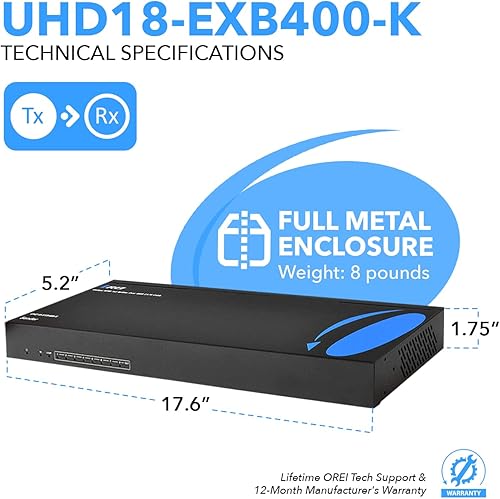 Miniatura 5 de OREI Divisor extensor HDMI 1x8 HDBaseT 4K, múltiple sobre un solo cable CAT67 4K 60Hz 444 HDCP 2.2 con gestión EDID remota por infrarrojos, HDR,