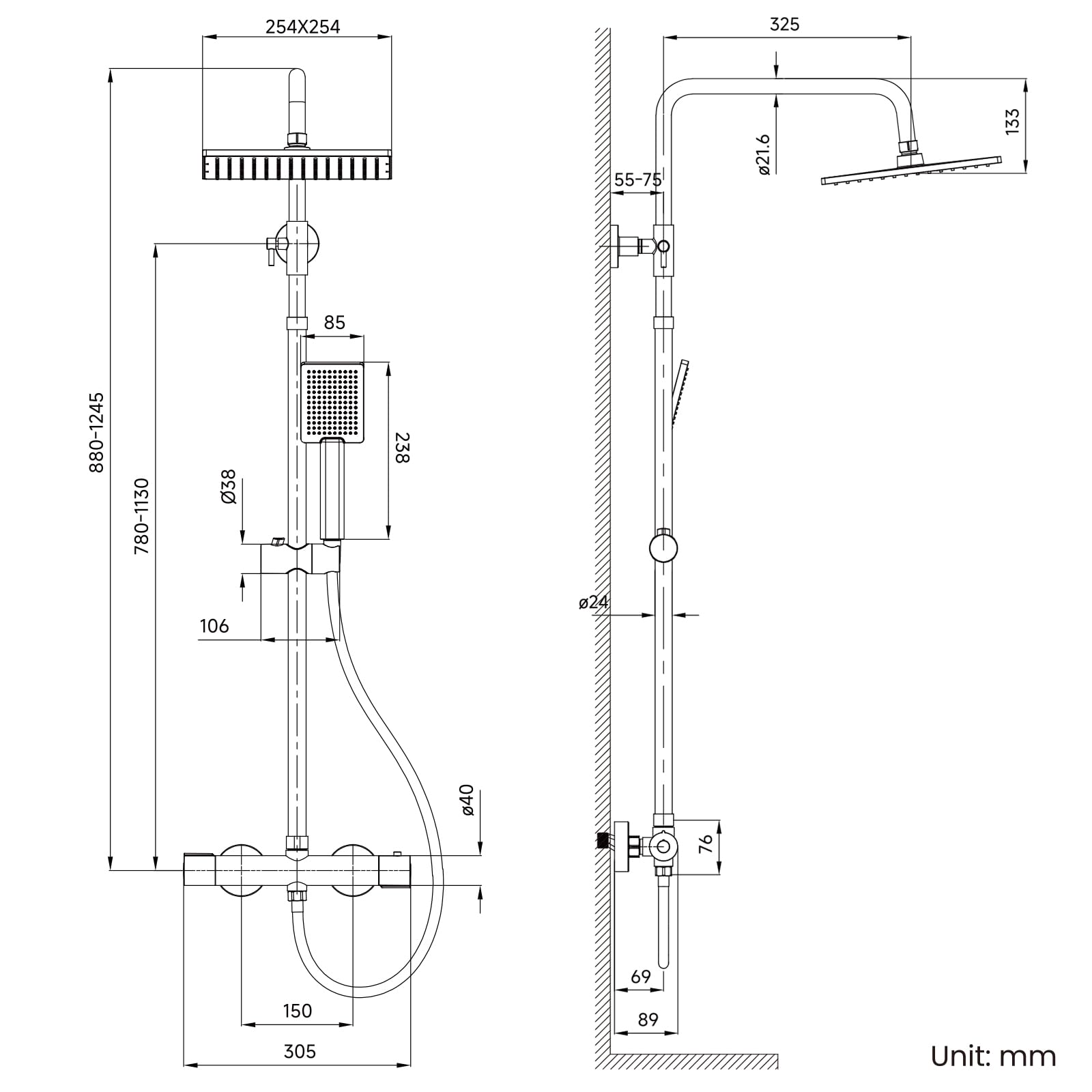 Auralum Colonna Doccia Kit con Rubinetto Termostatico Antiscottatura, Miscelatore Doccia Esterno con Soffione Doccia 25x25cm, Doccetta, Asta Doccia in Acciaio Inox e Tubo Doccia 1,5m, Cromo