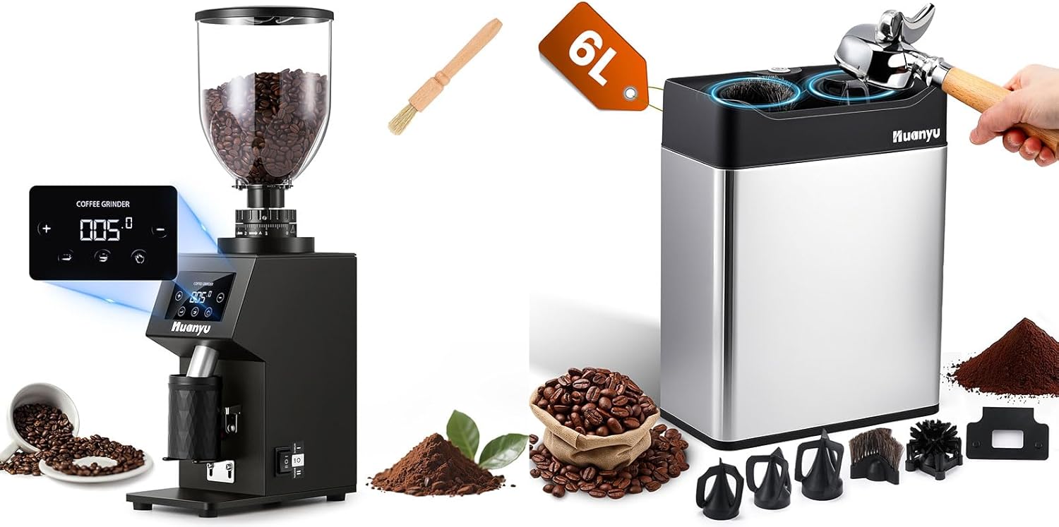 Huanyu Commercial Coffee Grinder with 26oz Lotus Hopper and Huanyu Electric Espresso Portafilter Cleaner 6L with Dual Brush Heads, 3 Scrapers Bundle